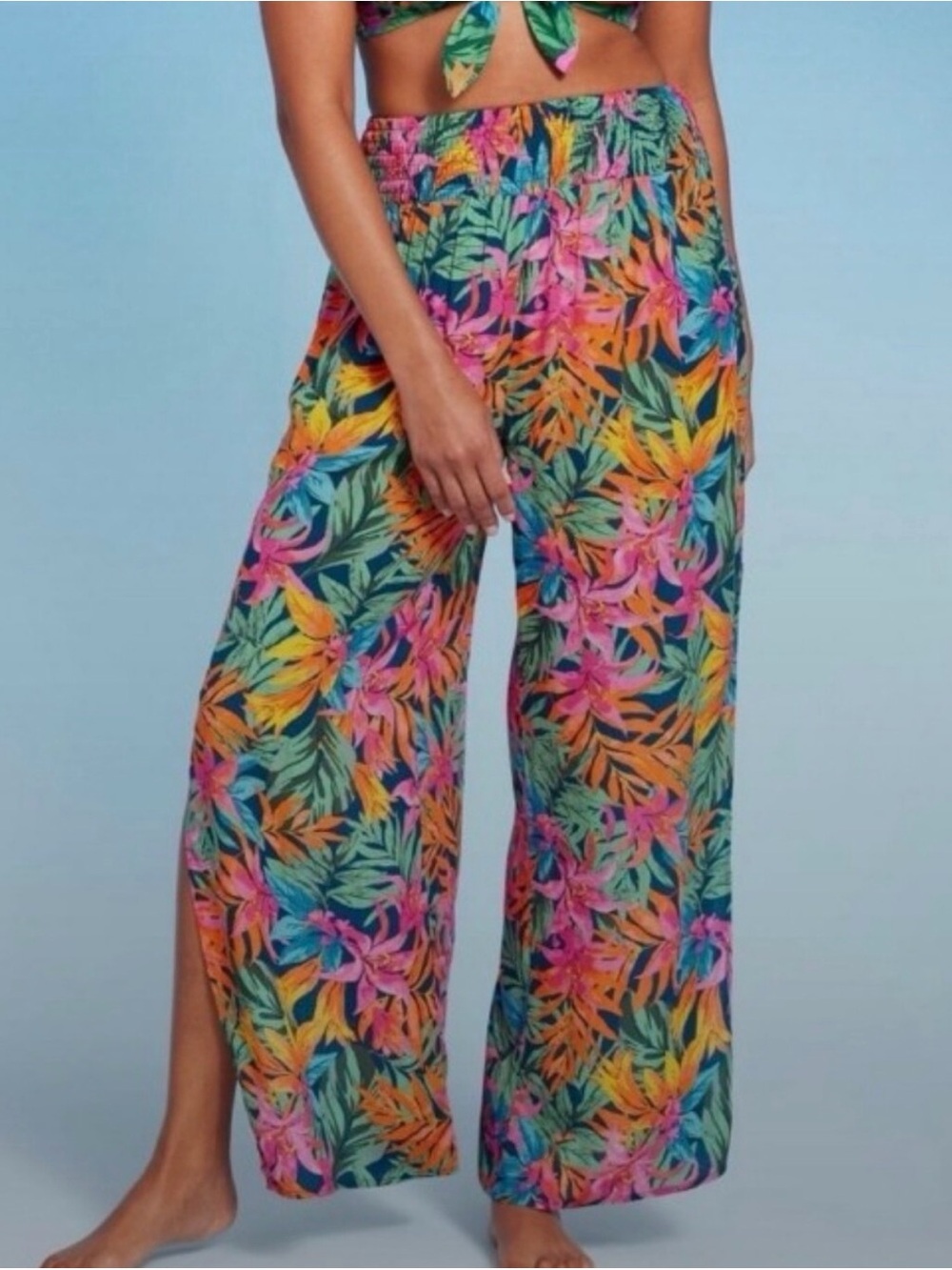 Shade & Shore Wide-Leg Split Hem Swim Cover up Pants - Multi Floral - M Like New